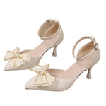 Beige Bow Detail Pointed Toe Ankle Strap Heels