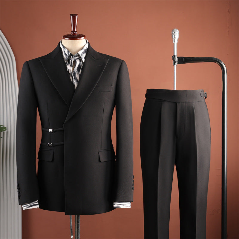 Black Peak Lapel Side Buckle 2 Piece Suit Set Gurkha Trousers