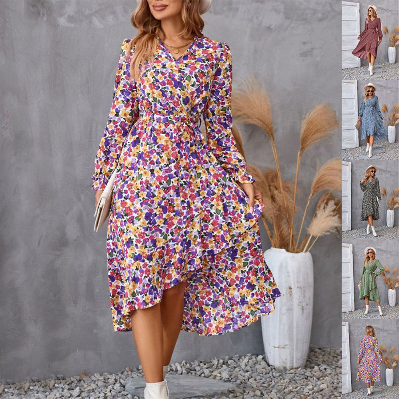 Floral Print Ruffle-Hem Belted Midi Dress