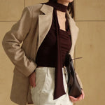 Ribbon V-neck Scarf Long-sleeved Base Top - brown