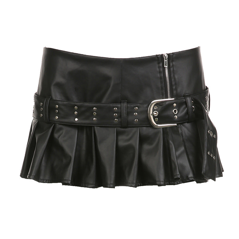 Embrace bold fashion with this punk-inspired leather mini skirt featuring a flattering A-line cut for an edgy look.