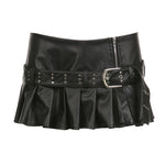 Embrace bold fashion with this punk-inspired leather mini skirt featuring a flattering A-line cut for an edgy look.