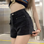 Retro High-Waist Loose Denim Shorts - black