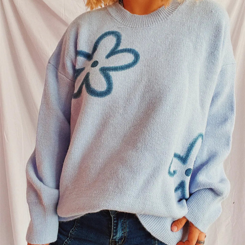 Flower Round Neck Long Sleeve Sweater - runwayfashioniista.com