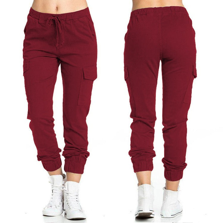 The Ultimate Utility: Women’s Elastic Waist String Side Pocket Pants - urgundy