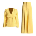 V-neck waist slimming suit+high waisted pleated wide leg pants set