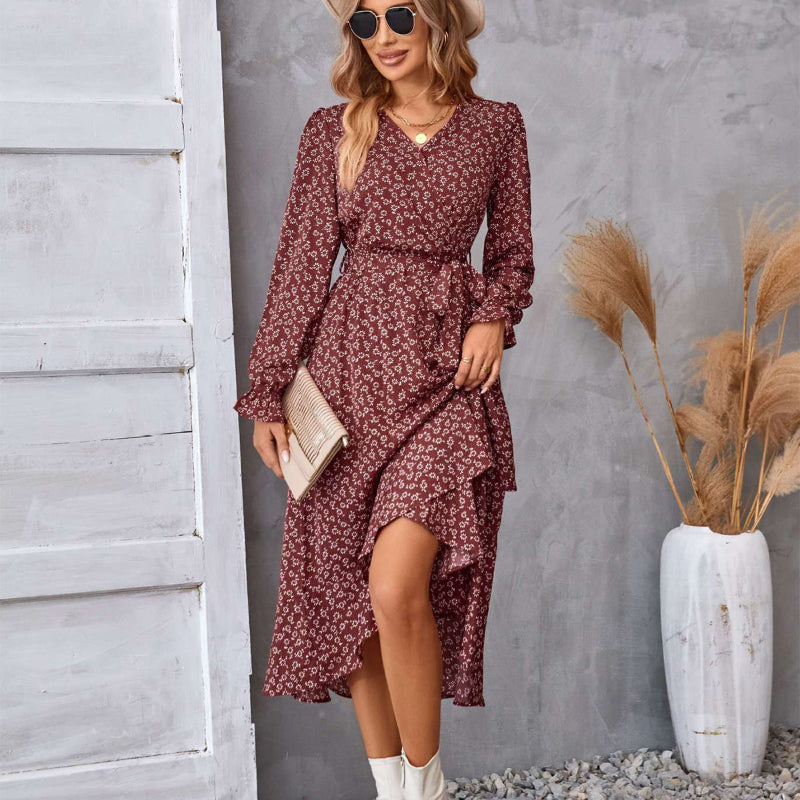 Floral Print Ruffle-Hem Belted Midi Dress - red