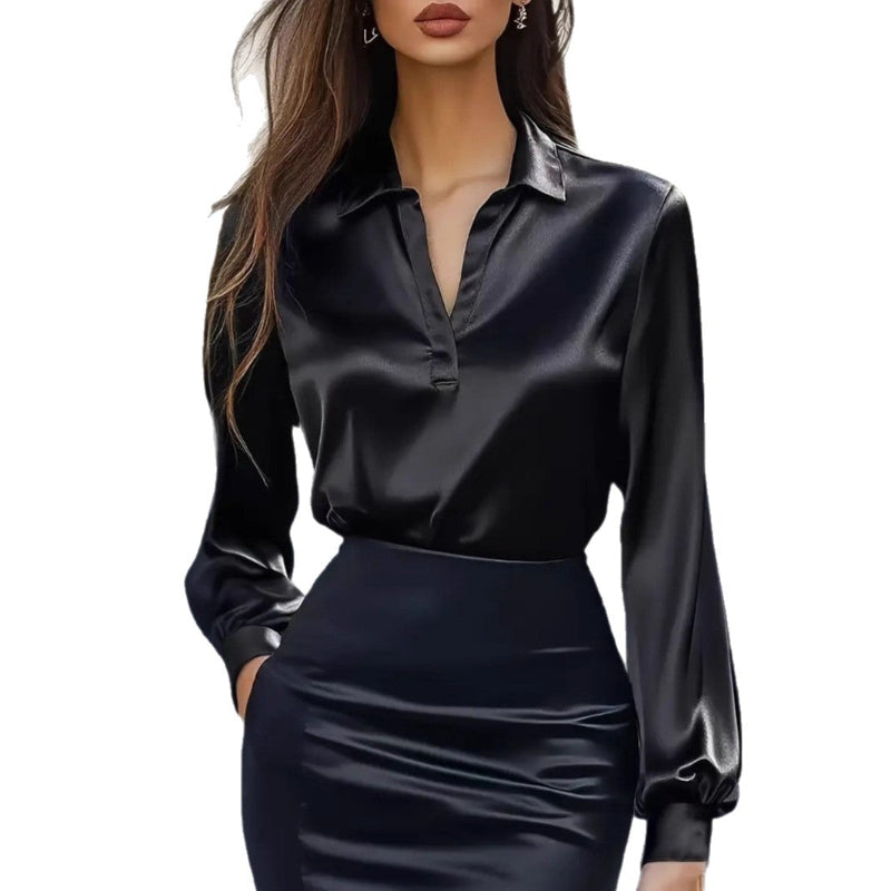V-neck Long-sleeved Shirt - black