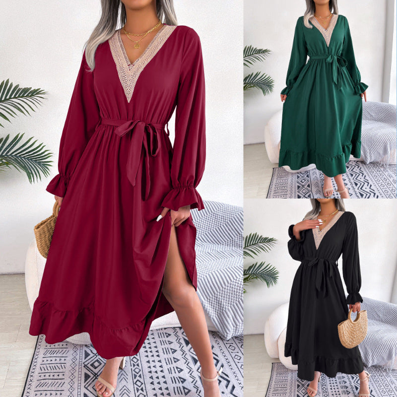 V-Neck Lace Waist Lotus Leaf Dress