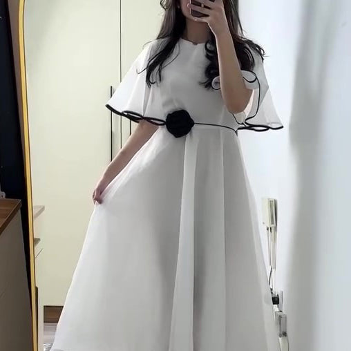 White Chiffon Flutter-Sleeve A-Line Maxi Dress With Black Scallop Trim & 3D Rosette Waist