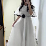 White Chiffon Flutter-Sleeve A-Line Maxi Dress With Black Scallop Trim & 3D Rosette Waist