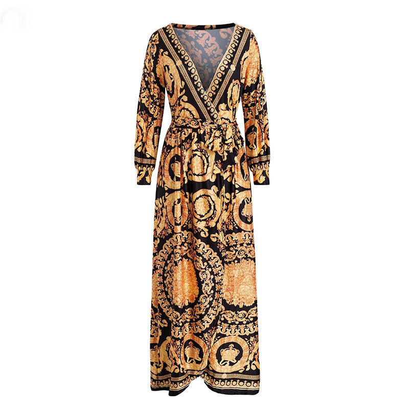 Vintage Gold Print Maxi Dress - runwayfashionista.com