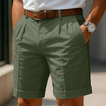 Pleated Linen Shorts with Turn-Up Hem - green