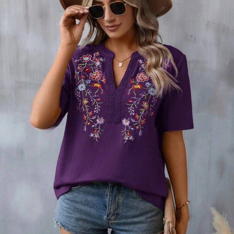 Fashion Flowers Embroidery Short Sleeve T-shirt - purple
