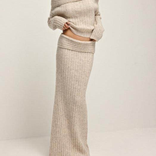 Elegant Off Shoulder Sweater Skirt Suit