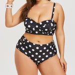 Black & White Polka Dot Retro Underwire Push-Up Bandeau Top & High-Waist Full-Coverage Bikini Set — Plus Size