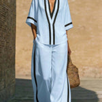 Short Sleeve Top And Wide Leg Pants Two Piece Set - light blue