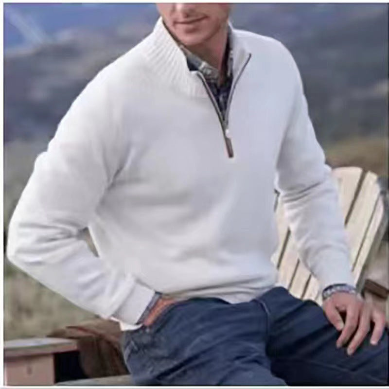 Zipper Stand Collar Knitted Sweater - whiet
