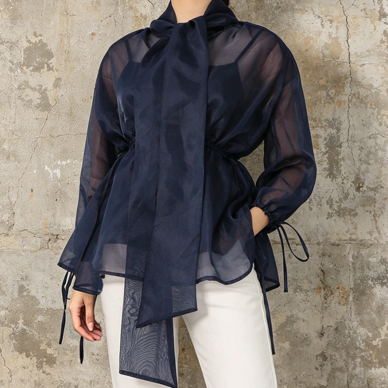 Navy Blue Glossy Organza Self-Tie Bow Neck Balloon-Sleeve Cinched-Waist Asymmetric Blouse