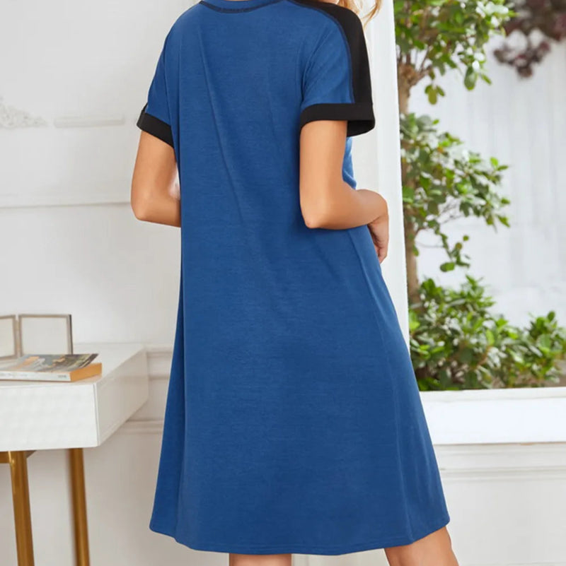 Contrast Stitching Contrast Short Sleeve Dress - runwayfashionista.com