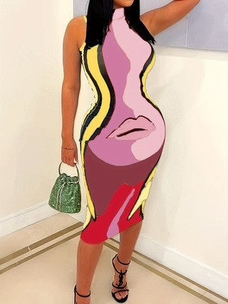 High Neck Lip Print Fitted Midi Dress