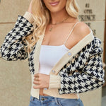 Houndstooth Button Up Long Sleeve Cardigan - runwayfashionista.com
