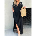 Short Sleeve Elastic Waist Maxi Dresses - black