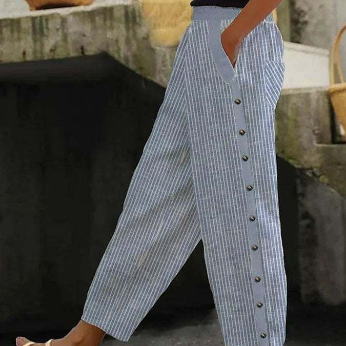 Stripe Buttoned Elastic Waist Nine-Part Pants - blue