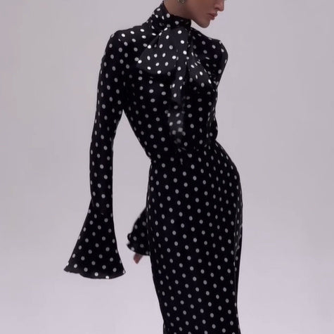 Polka Dot Strappy Bell Sleeve Maxi Dress