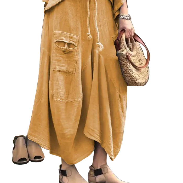 Relaxed Asymmetric Top and Maxi Skirt Set - khaki