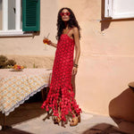 Hollow-Out Polka Dot Midi Slip Dress - red