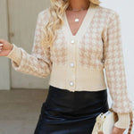 Houndstooth Button Up Long Sleeve Cardigan - runwayfashionista.com