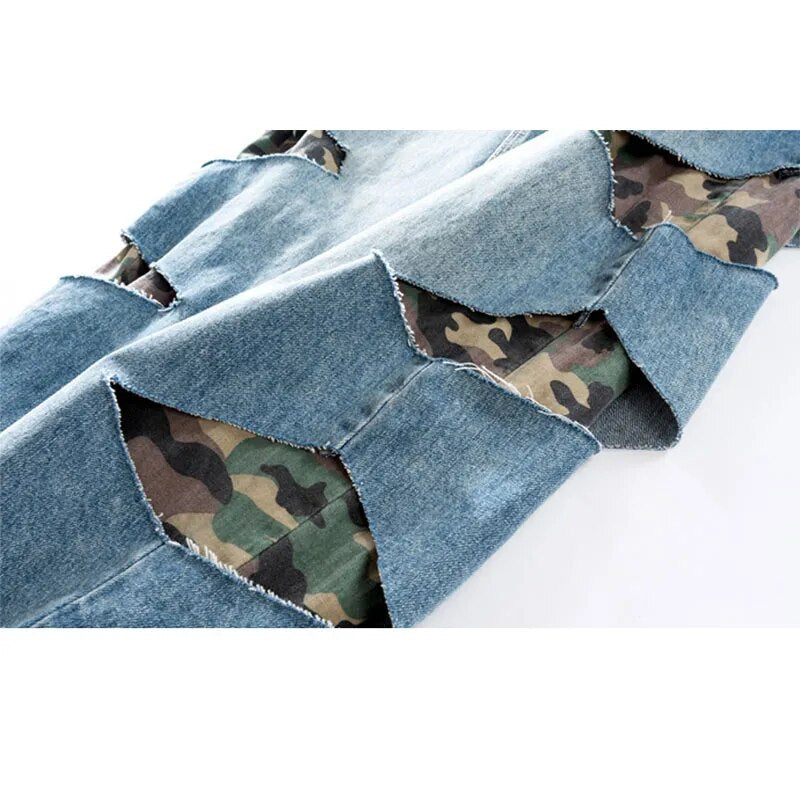 Camouflage Hole Fake Two Pieces Jeans - runwayfashionista.com