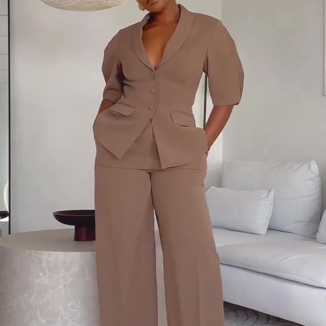 Brown Short-sleeved Blazer & High-waisted Pants Suit