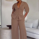 Brown Short-sleeved Blazer & High-waisted Pants Suit