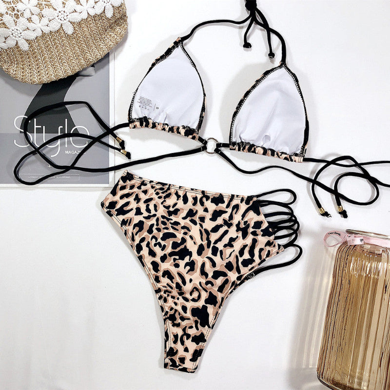 O-Ring Triangle Top Multi-Strap Waist Bikini Set - leopard