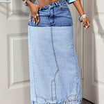 Asymmetric Two-Tone Denim Maxi Skirt