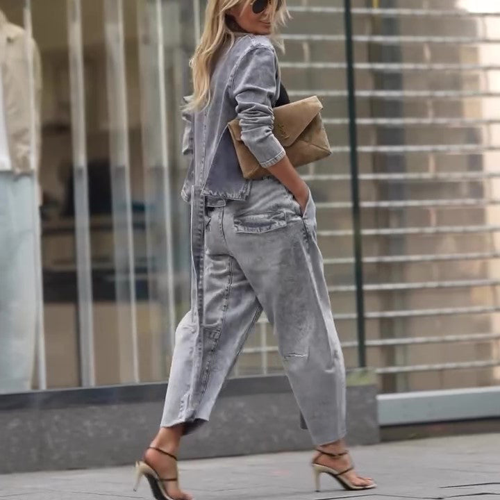 Denim Tie Long Sleeve Top & High Waist Pants Set
