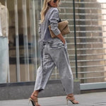 Denim Tie Long Sleeve Top & High Waist Pants Set