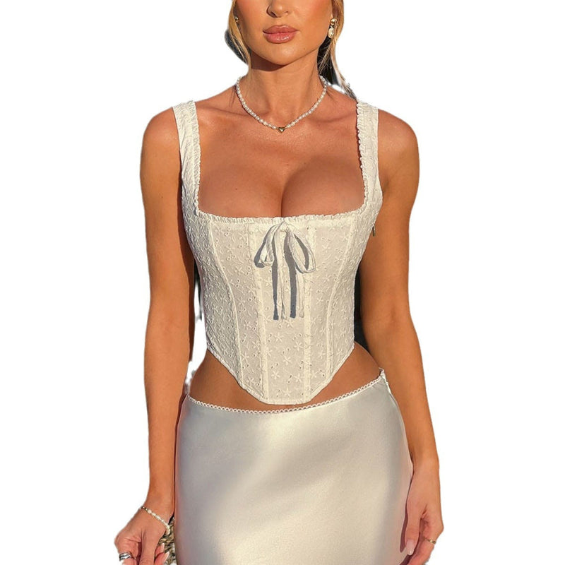 Square Collar Sleeveless Strap Backless Fishbone Corset Top
