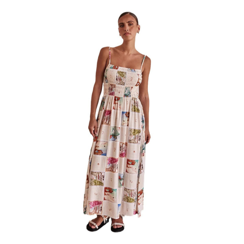 A model wearing a floral print, one-shoulder, sleeveless, A-line midi dress with a high waist, suitable for business or elegant events.