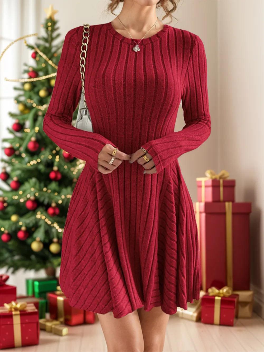 Ribbed round neck long sleeve dress