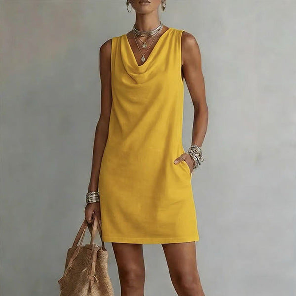 Draped Neck Sleeveless Vacation Mini Dress - yellow