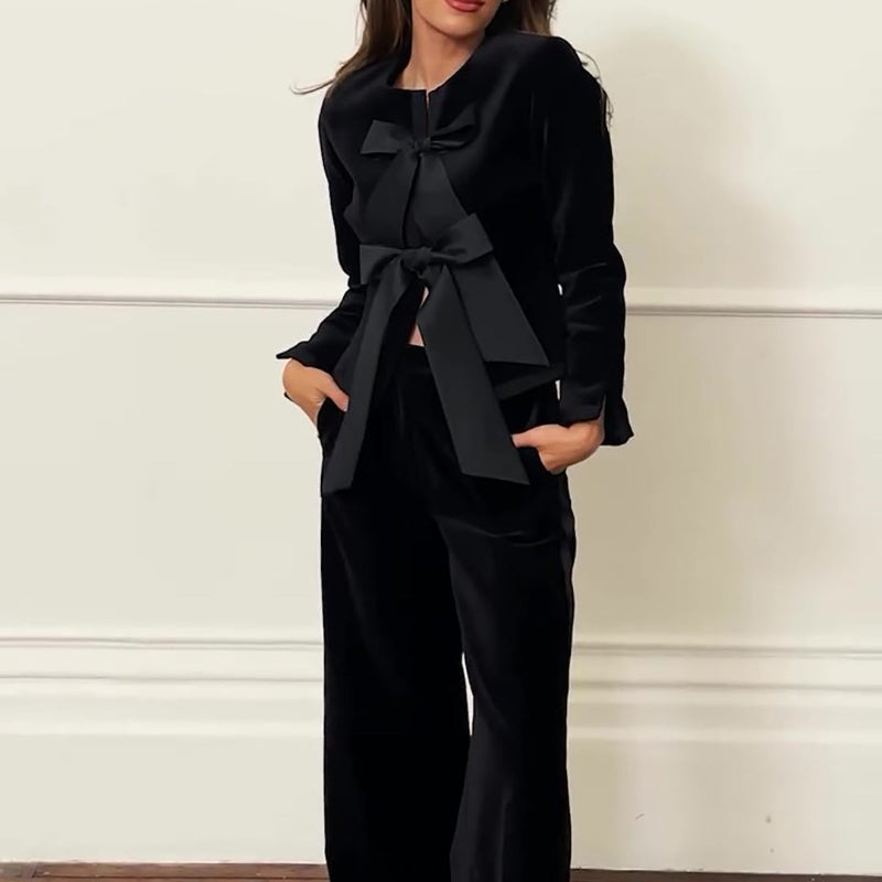 Black Velvet Bow Jacket & Wide-leg Pants Suit