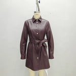Belted Long-sleeve Leather Coat
