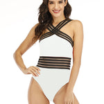 Striped Backless One-Piece Monokini - white