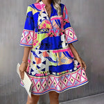 V-Neck Printed Flared Sleeve Pleated Mini Dress
