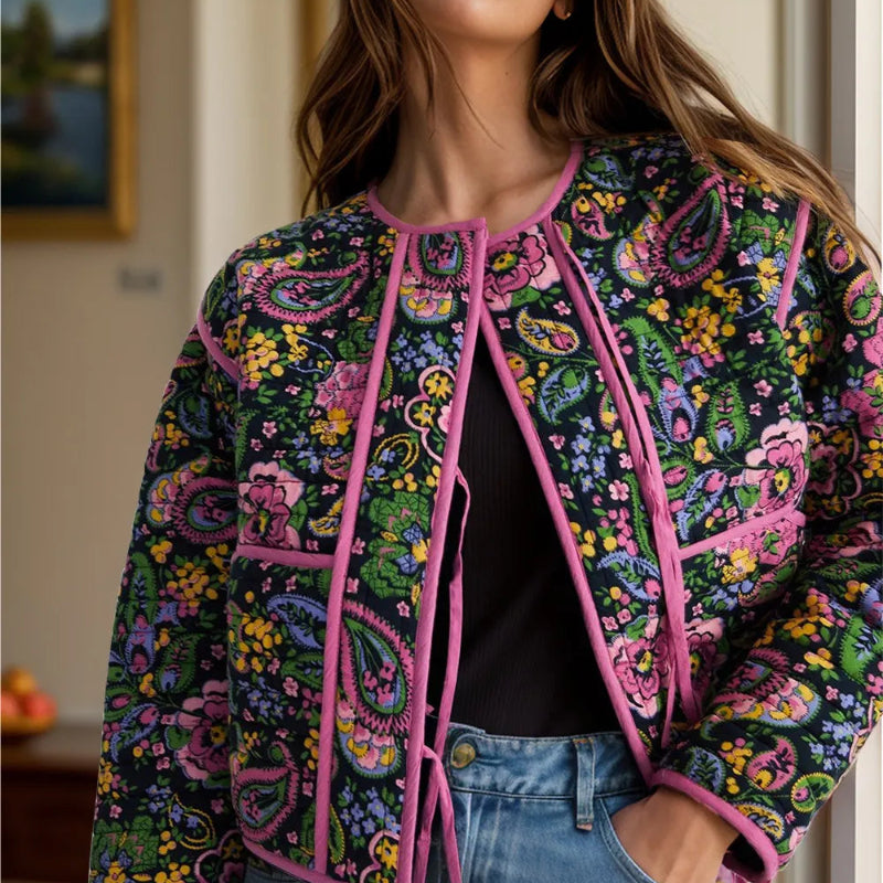 Tied Printed Long Sleeve Jacket - runwayfashionista.com
