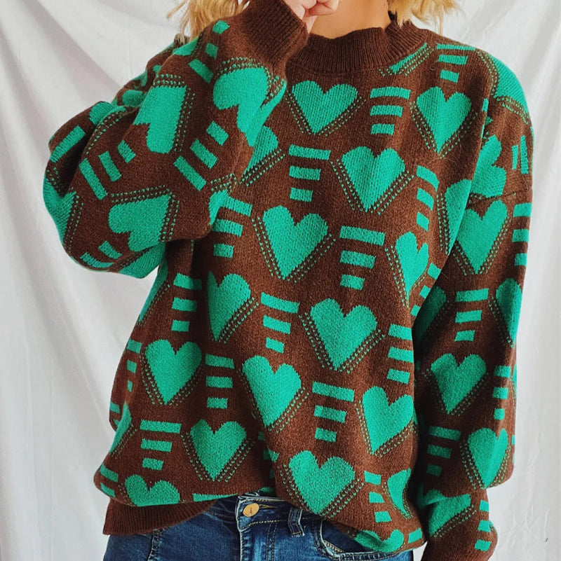 Heart Contrast Long Sleeve Dropped Shoulder Sweater -runwayfashionista.com