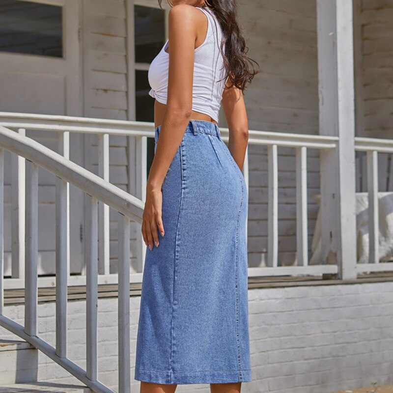 High Waist Split Midi Demin Skirt - runwayfashionista.com